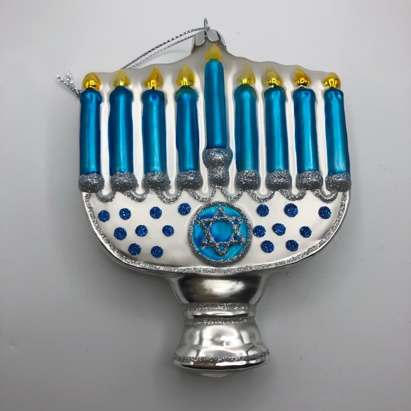 NWOT Noble Blue and Silver Hanukkah Lights Menorah Glass Ornament, 5", - Picture 3 of 12